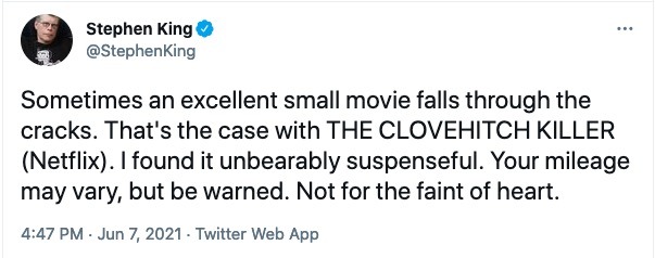 Stephen King's tweet about The Clovehitch Killer